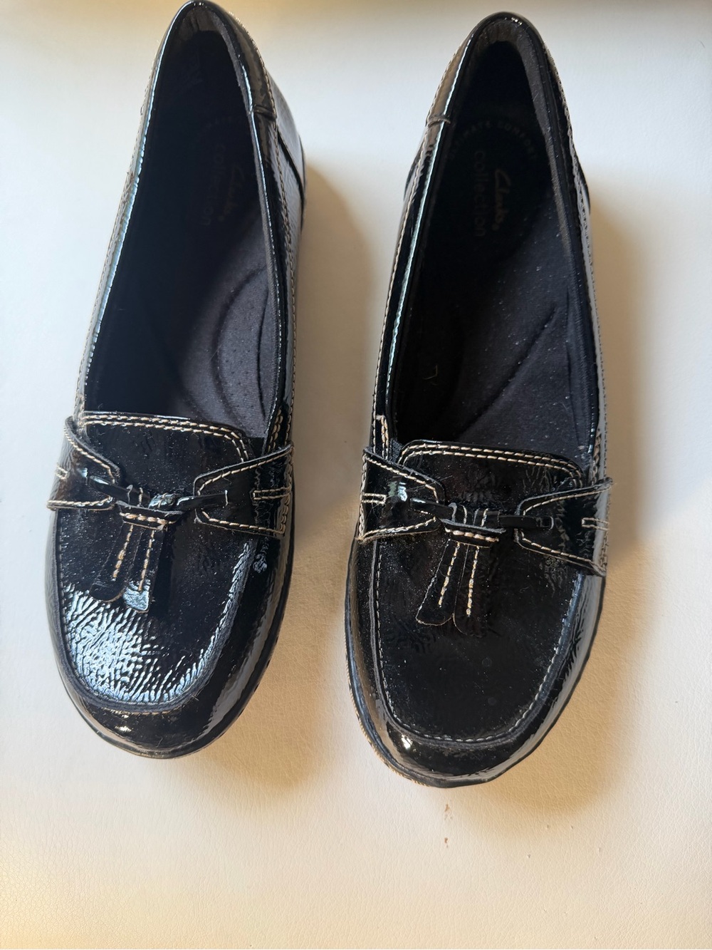 Clarks Black Patent Leather Tassel Loafers for Women